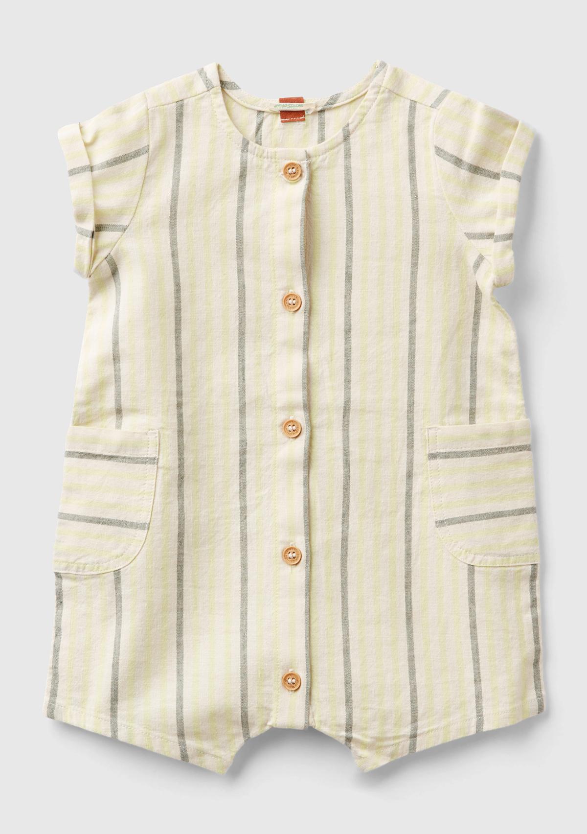  Bebek Krem Mix Tamam Çizgili Yama Cepli Önü Düğmeli Tulum