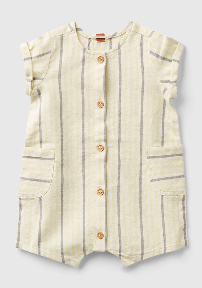  Bebek Krem Mix Tamam Çizgili Yama Cepli Önü Düğmeli Tulum