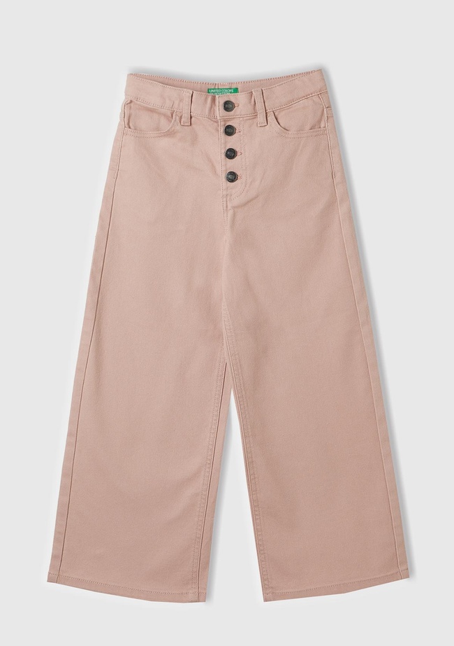  Kız Çocuk Pudra Düğme Kapamalı Geniş Paça Pantolon