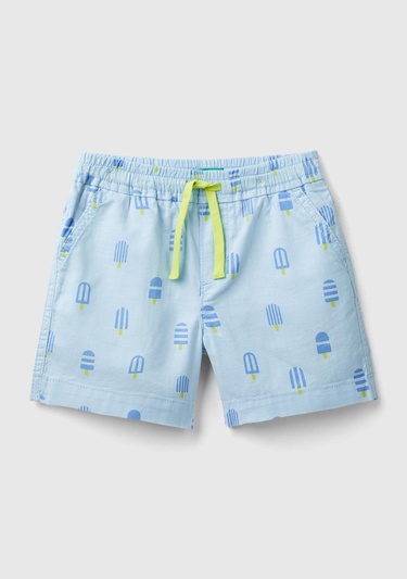  Erkek Çocuk Mavi Mix Tamamı Grafik Baskılı Arkası Logo İşlemeli Beli Büzgülü Şort