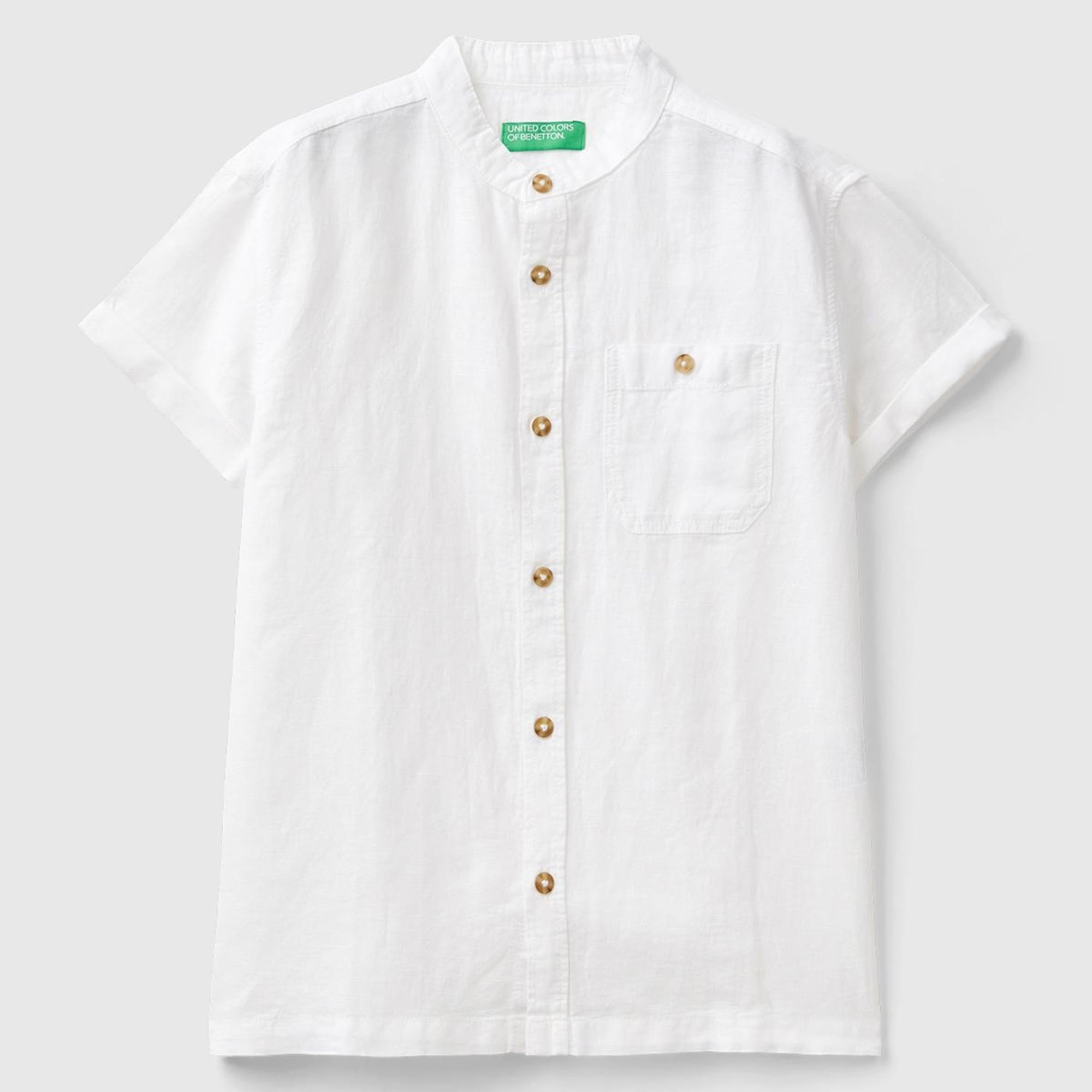 Erkek Çocuk Beyaz Keten Karışımlı Logo İşlemeli Hakim Yaka Kısa Kollu Gömlek