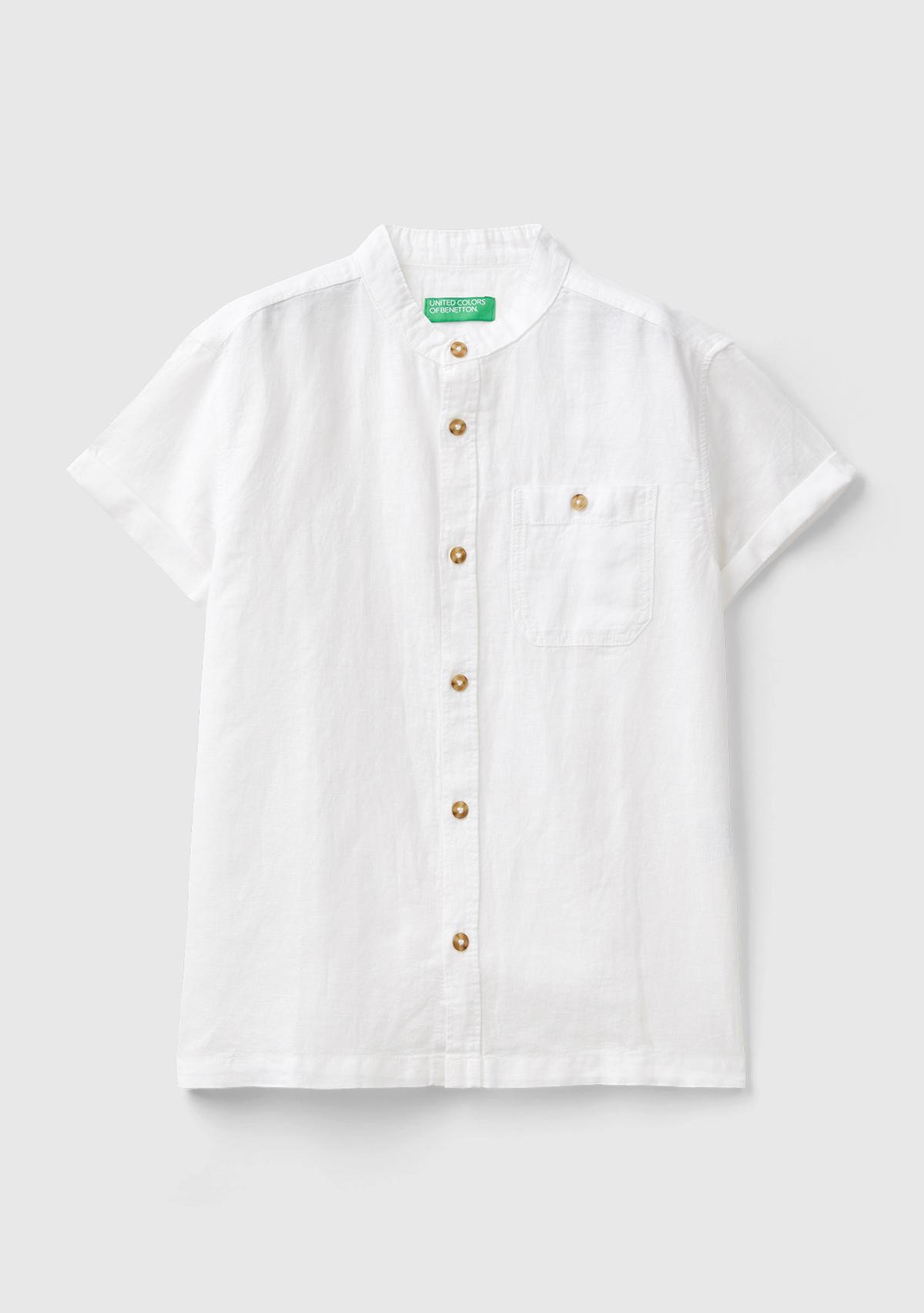  Erkek Çocuk Beyaz Keten Karışımlı Logo İşlemeli Hakim Yaka Kısa Kollu Gömlek