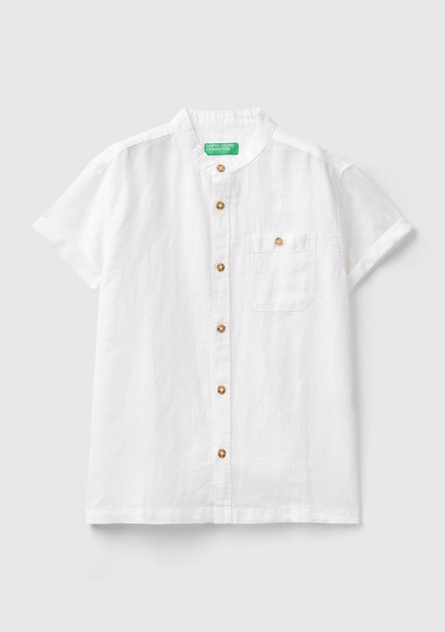  Erkek Çocuk Beyaz Keten Karışımlı Logo İşlemeli Hakim Yaka Kısa Kollu Gömlek