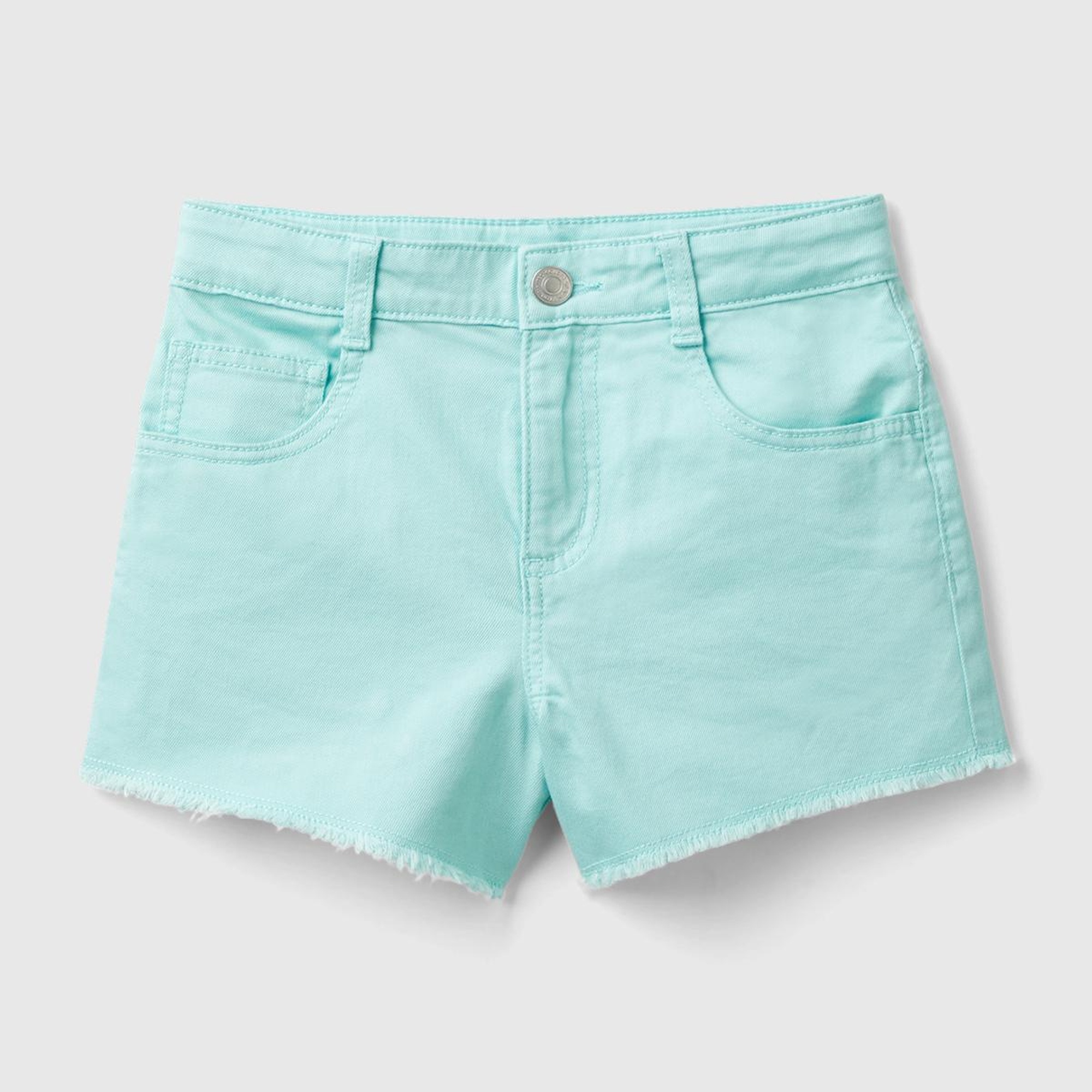Kız Çocuk Su Yeşili 5 Cepli Ucu Saçaklı Kısa Şort