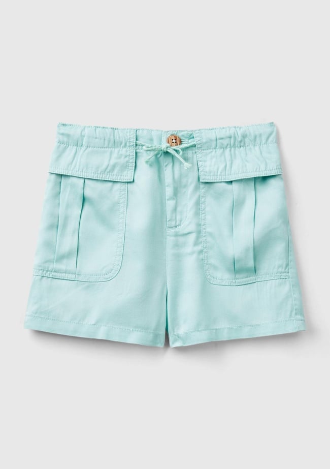  Kız Çocuk Su Yeşili Arkası Elastik Bantlı Büzgü İpli Yama Cepli Şort