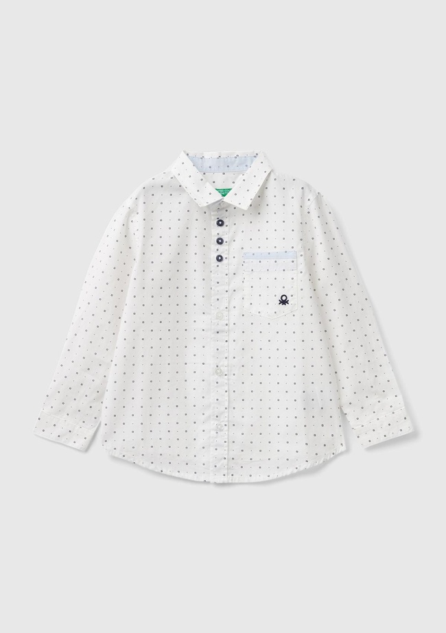  Erkek Çocuk Beyaz Önü Logo İşlemeli Desenli Yama Cepli Armürlü Gömlek