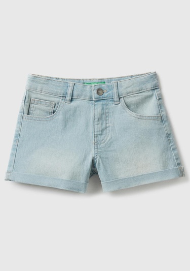  Kız Çocuk Açık Denim Eskitilmiş Efektli 5 Cepli Kısa Denim Şort