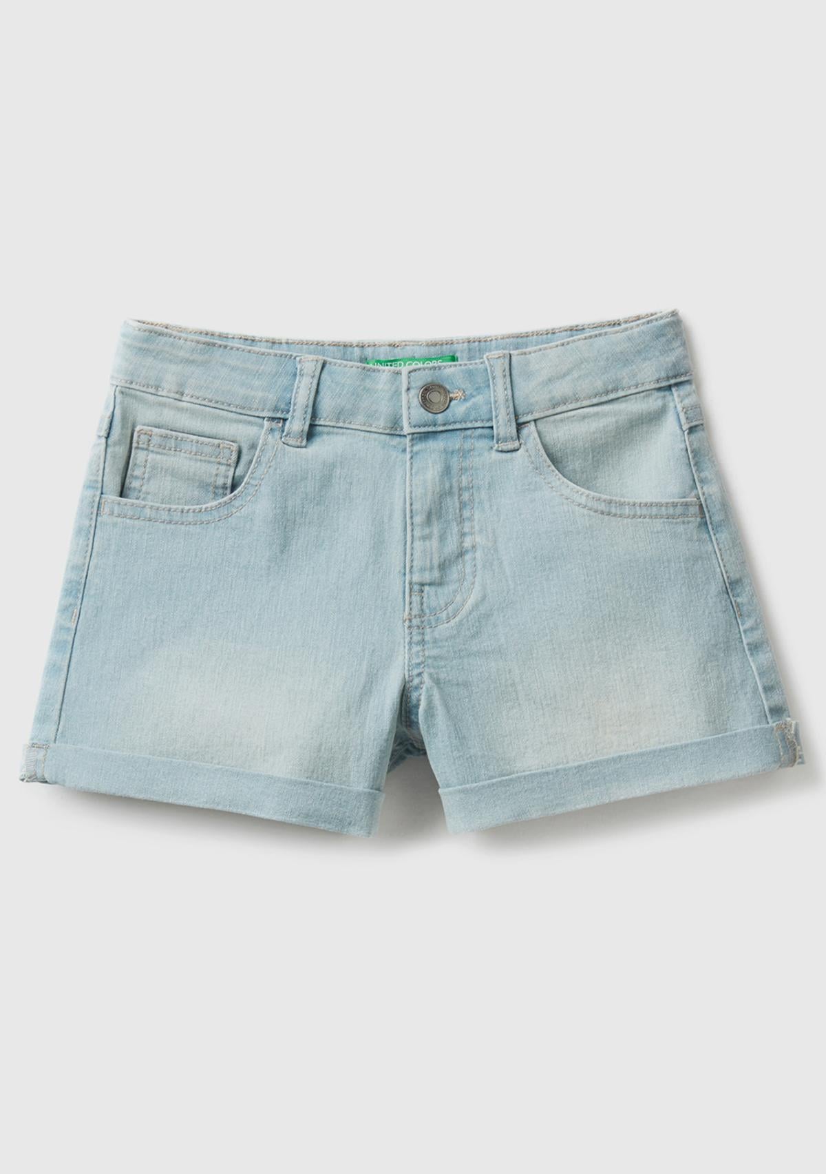  Kız Çocuk Açık Denim Eskitilmiş Efektli 5 Cepli Kısa Denim Şort