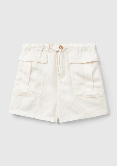  Kız Çocuk Krem Arkası Elastik Bantlı Büzgü İpli Yama Cepli Şort