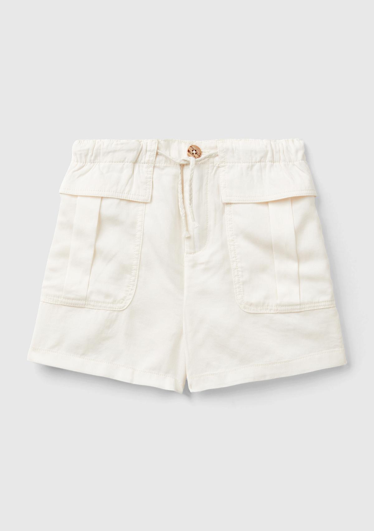  Kız Çocuk Krem Arkası Elastik Bantlı Büzgü İpli Yama Cepli Şort
