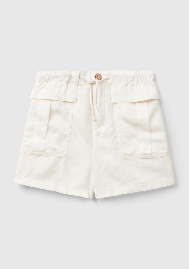  Kız Çocuk Krem Arkası Elastik Bantlı Büzgü İpli Yama Cepli Şort