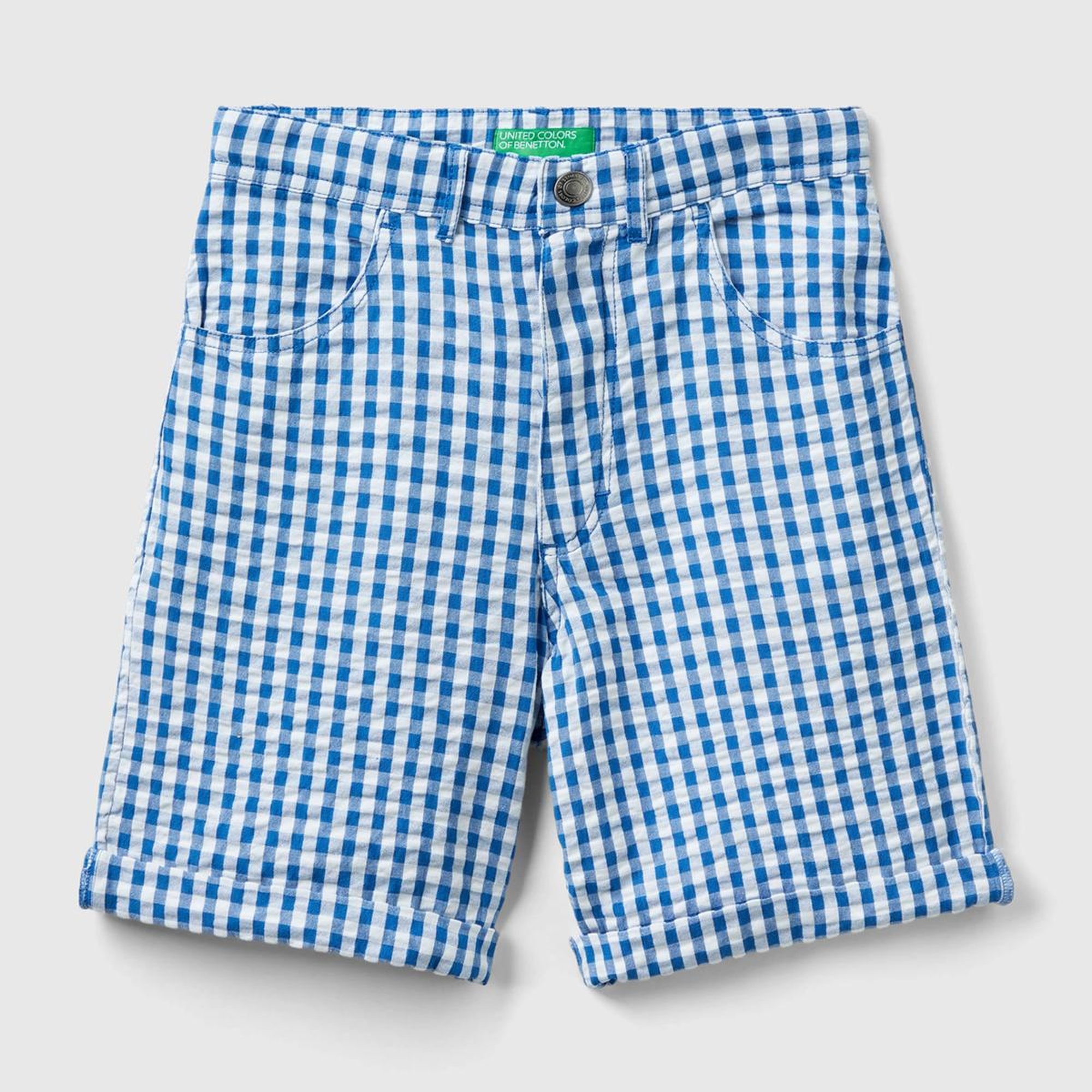 Erkek Çocuk Mavi-Beyaz Tamamı Desenli Arkası Logo İşlemeli Beli İpli Bermuda Şort