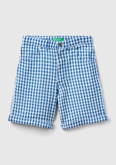  Erkek Çocuk Mavi-Beyaz Tamamı Desenli Arkası Logo İşlemeli Beli İpli Bermuda Şort