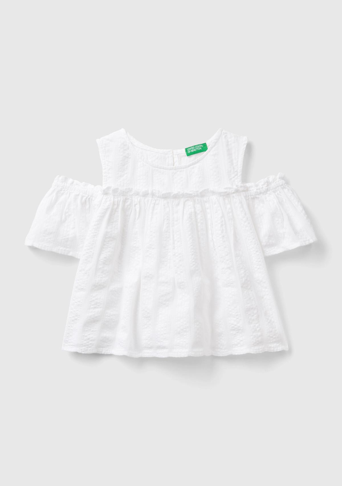  Kız Çocuk Beyaz Omzu Açık Lastik  Detaylı Bisiklet Yaka Bluz