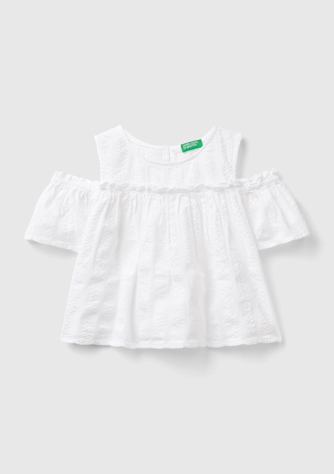  Kız Çocuk Beyaz Omzu Açık Lastik  Detaylı Bisiklet Yaka Bluz