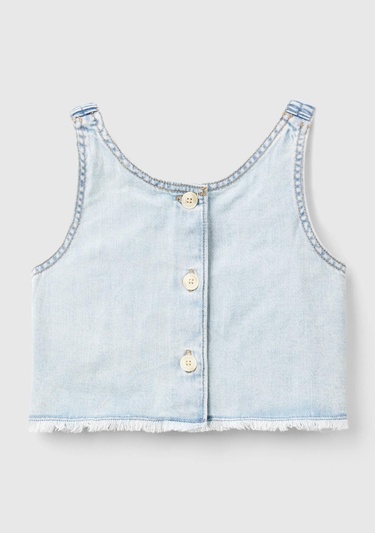  Kız Çocuk Açık Denim Önü Kelebek İşlemeli Arkası Düğmeli Kıvrık Askılı Bluz