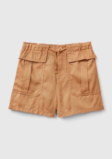  Kız Çocuk Camel Arkası Elastik Bantlı Büzgü İpli Yama Cepli Şort