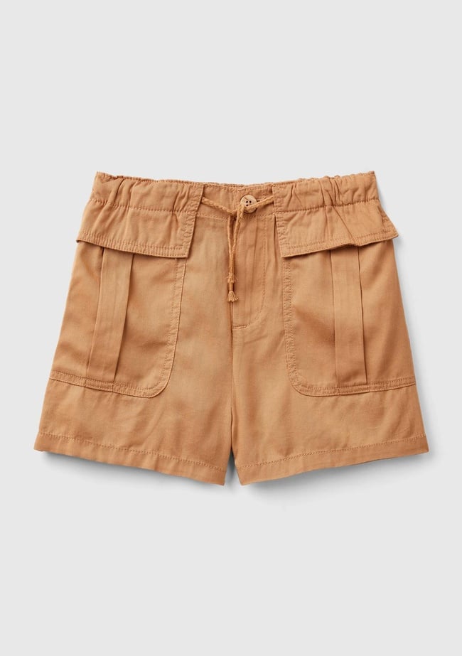  Kız Çocuk Camel Arkası Elastik Bantlı Büzgü İpli Yama Cepli Şort