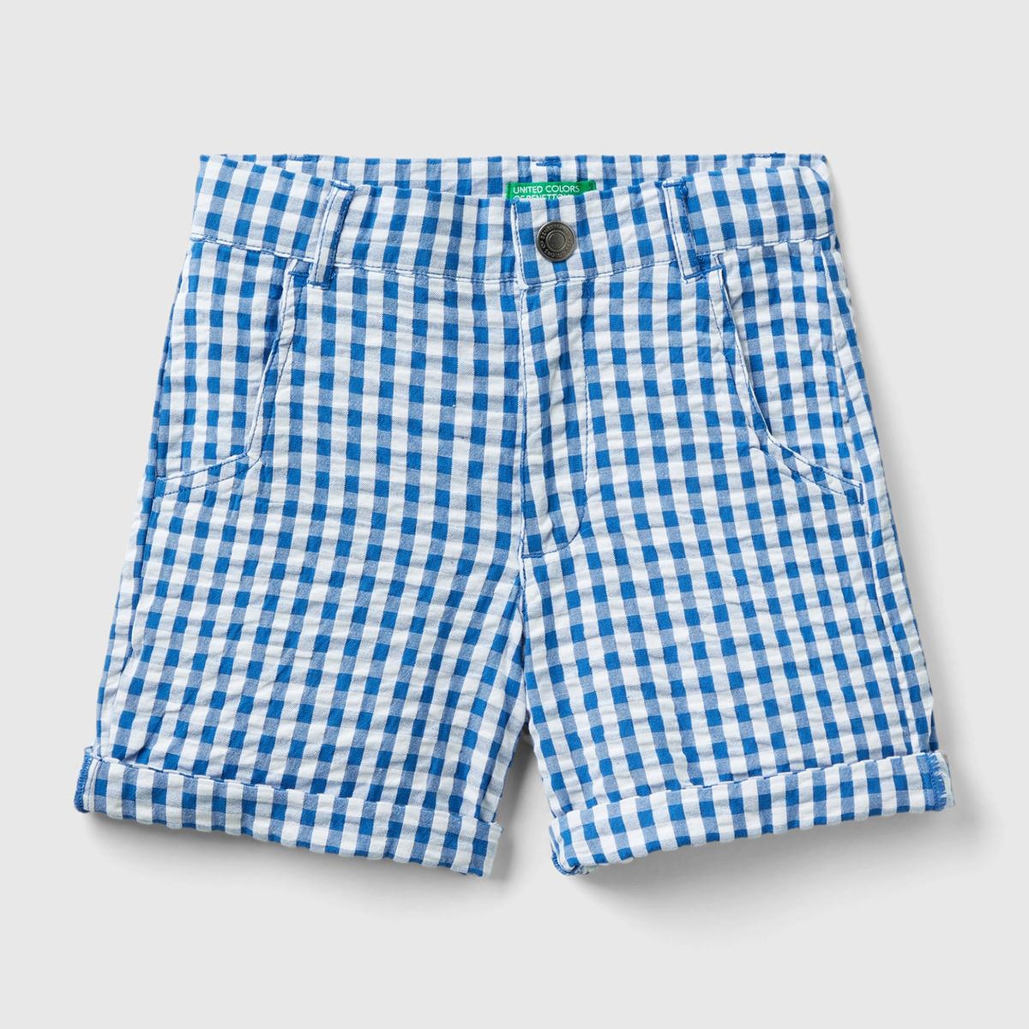 Erkek Çocuk Mavi-Beyaz Arkası Logo İşlemeli Yama Cepli Kemer Delikli Bermuda Şort