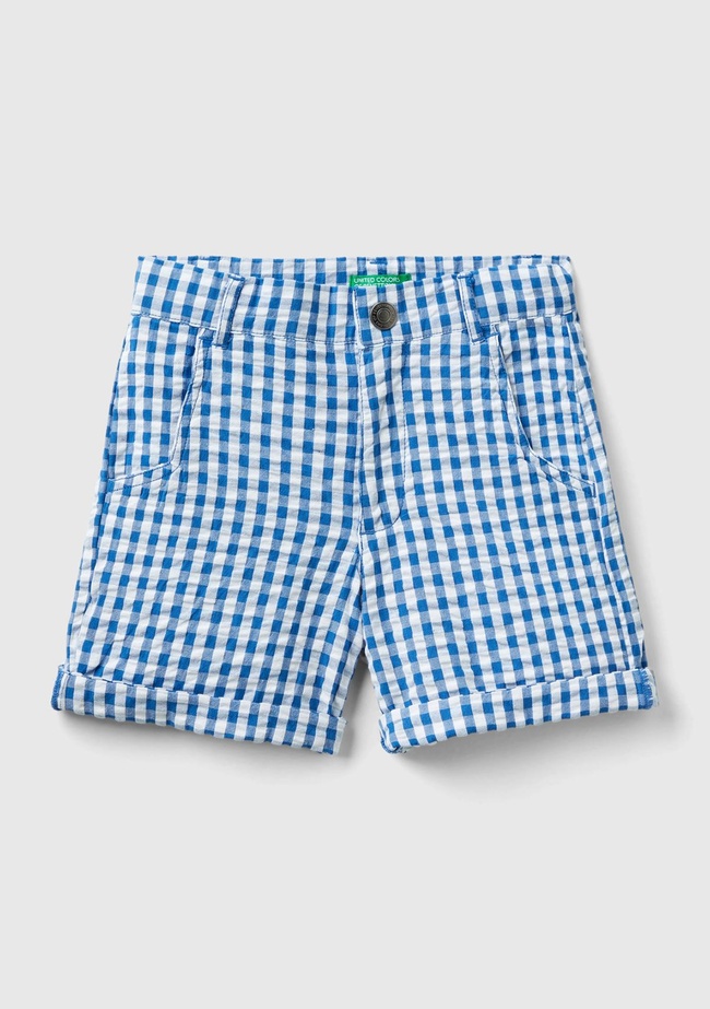  Erkek Çocuk Mavi-Beyaz Arkası Logo İşlemeli Yama Cepli Kemer Delikli Bermuda Şort