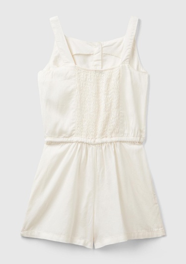  Kız Çocuk Krem Önü Düğmeli Beli Kuşaklı Arkası Elastik Detaylı Kısa Tulum