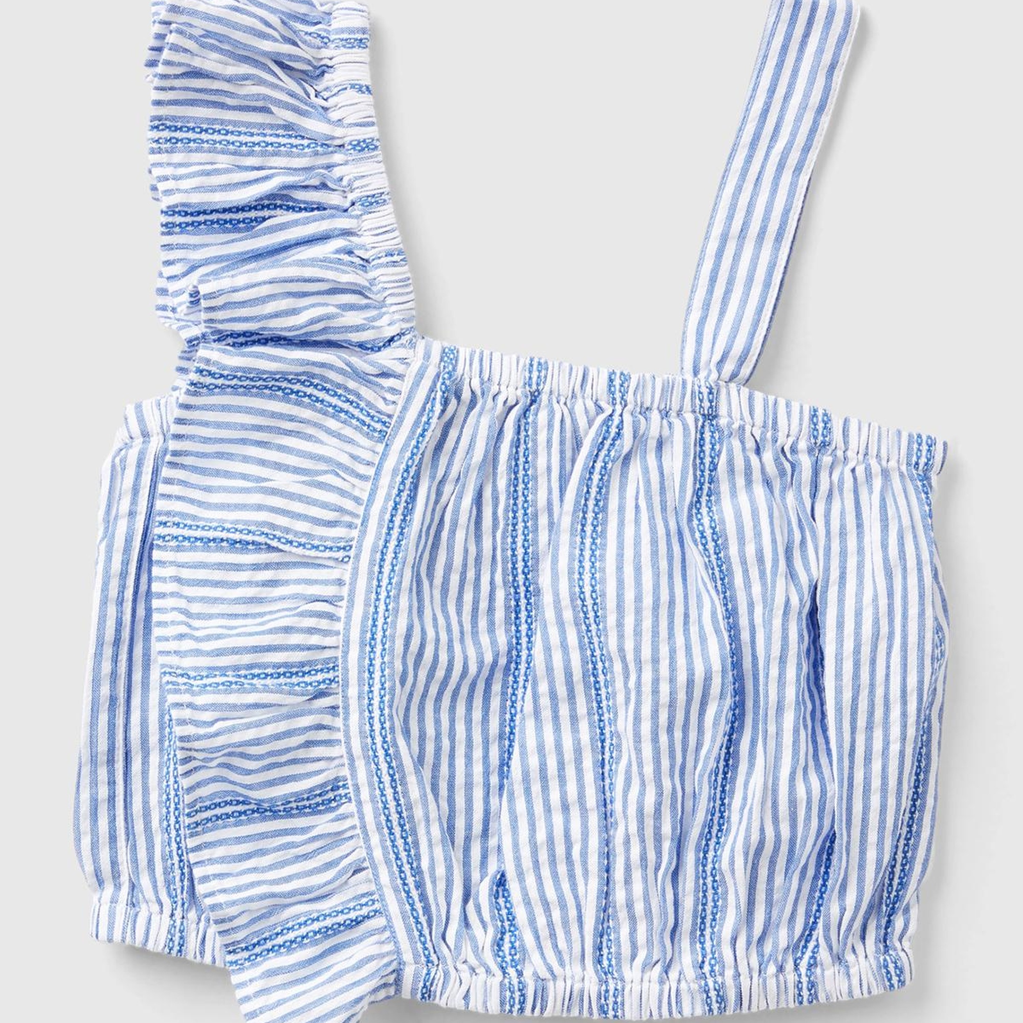 Kız Çocuk Açık Mavi Tek Omzu Askılı Fırfır Detaylı Çizgili Bluz