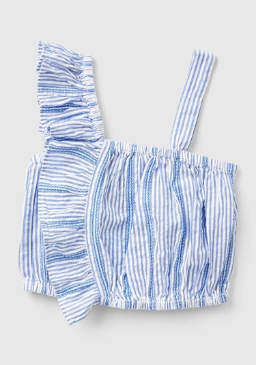  Kız Çocuk Açık Mavi Tek Omzu Askılı Fırfır Detaylı Çizgili Bluz