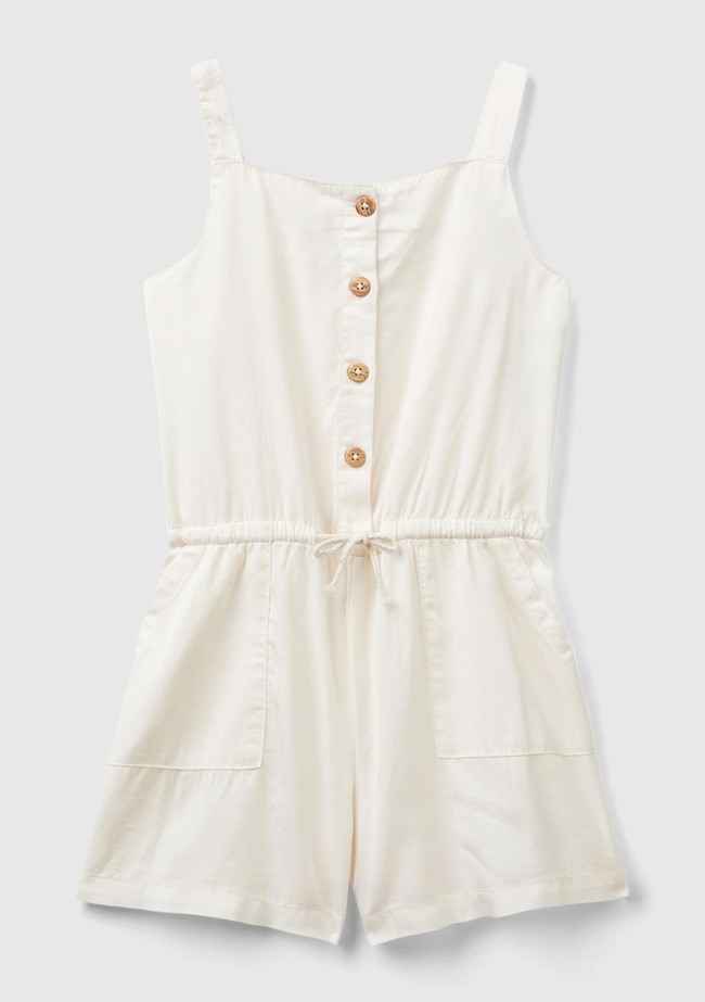  Kız Çocuk Krem Önü Düğmeli Beli Kuşaklı Arkası Elastik Detaylı Kısa Tulum