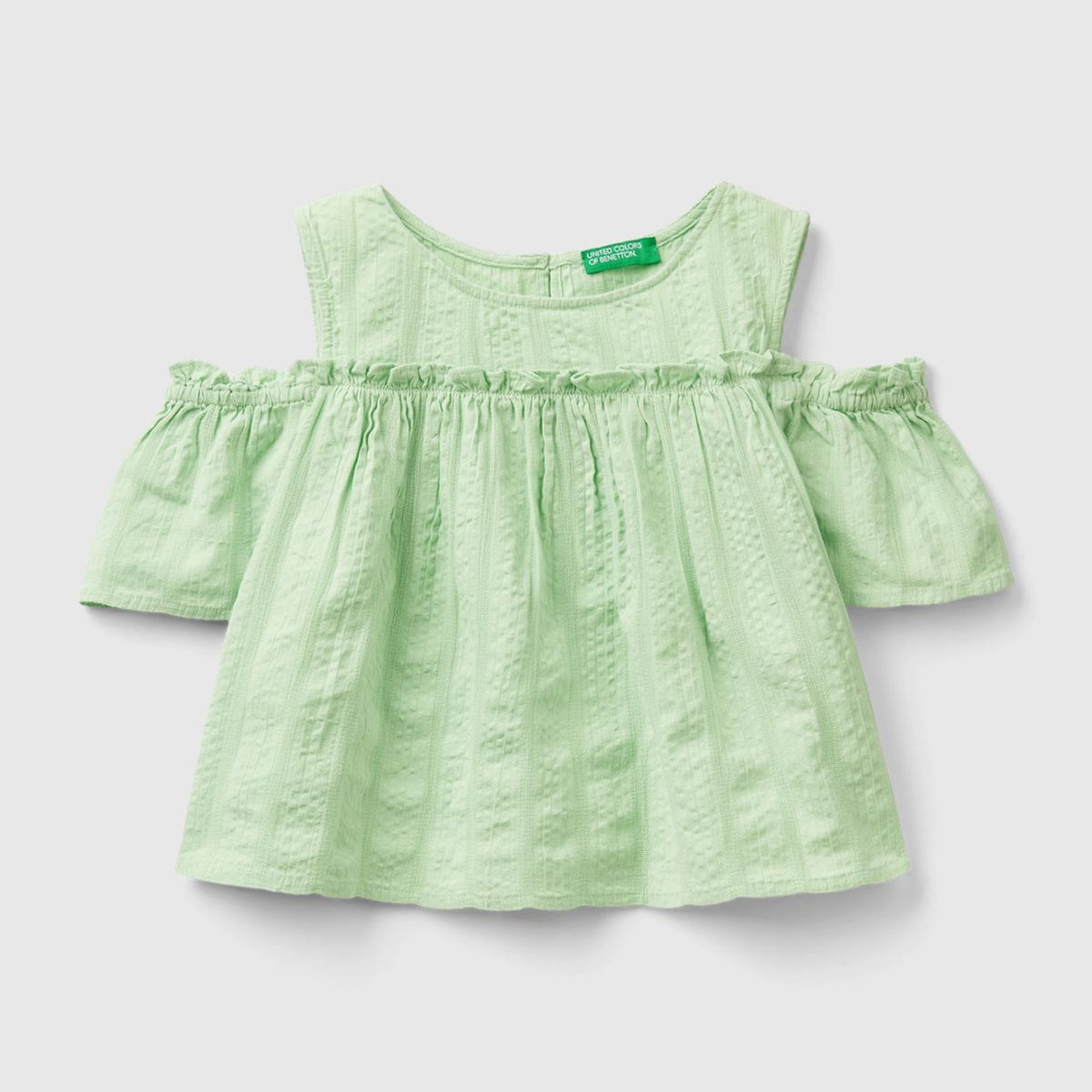 Kız Çocuk Açık Yeşil Omzu Açık Lastik  Detaylı Bisiklet Yaka Bluz