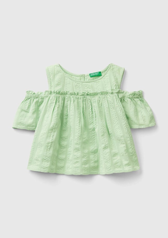  Kız Çocuk Açık Yeşil Omzu Açık Lastik  Detaylı Bisiklet Yaka Bluz