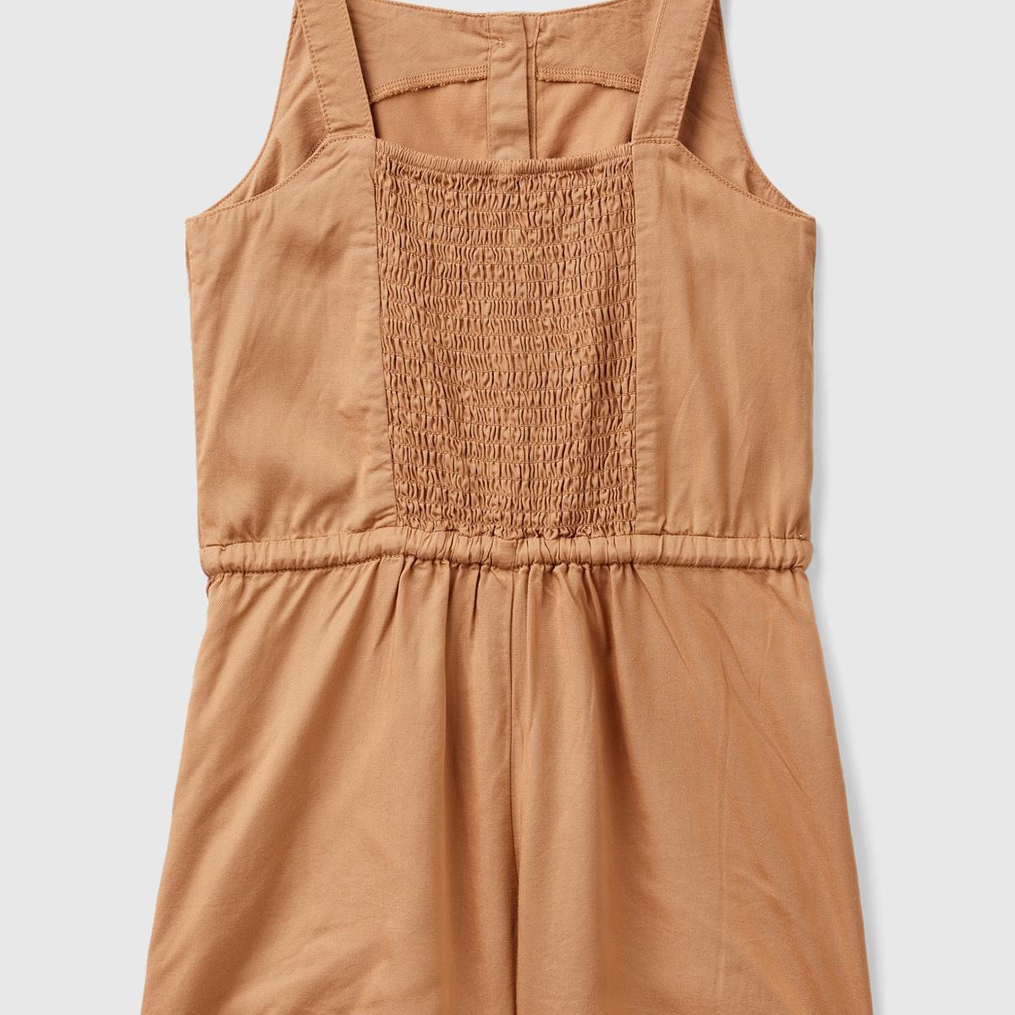 Kız Çocuk Camel Önü Düğmeli Beli Kuşaklı Arkası Elastik Detaylı Kısa Tulum