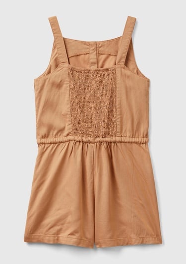  Kız Çocuk Camel Önü Düğmeli Beli Kuşaklı Arkası Elastik Detaylı Kısa Tulum