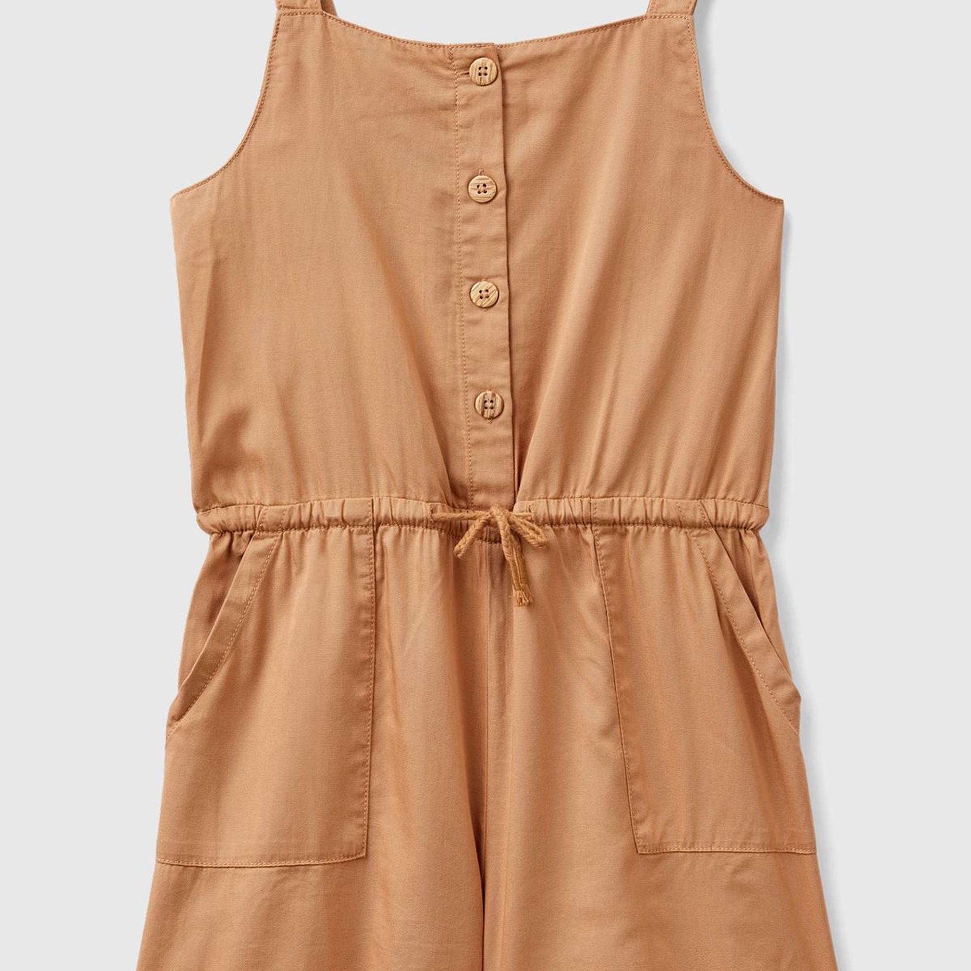 Kız Çocuk Camel Önü Düğmeli Beli Kuşaklı Arkası Elastik Detaylı Kısa Tulum