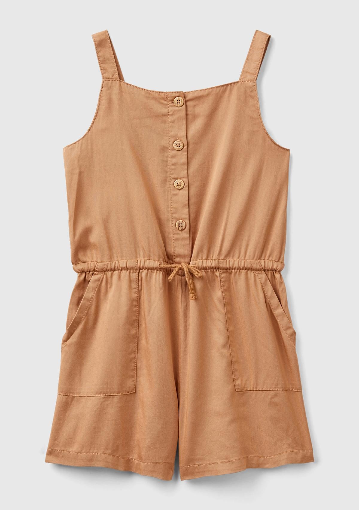  Kız Çocuk Camel Önü Düğmeli Beli Kuşaklı Arkası Elastik Detaylı Kısa Tulum