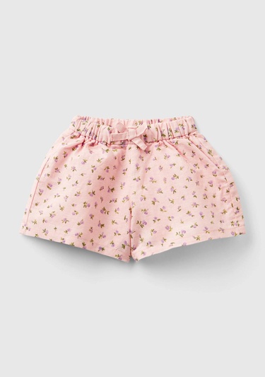 Bebek Pembe Tamamı Desenli Beli Büzgülü Fiyonk Detaylı Şort