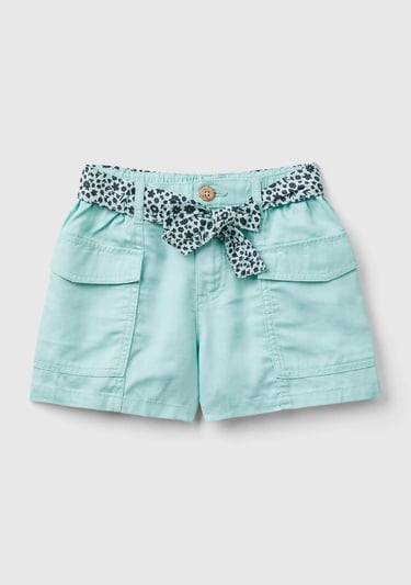  Kız Çocuk Su Yeşili Elastik Bel Bantlı Yama Cepli Kuşaklı Şort