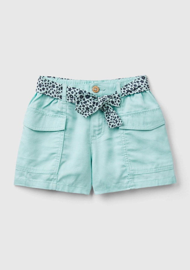  Kız Çocuk Su Yeşili Elastik Bel Bantlı Yama Cepli Kuşaklı Şort