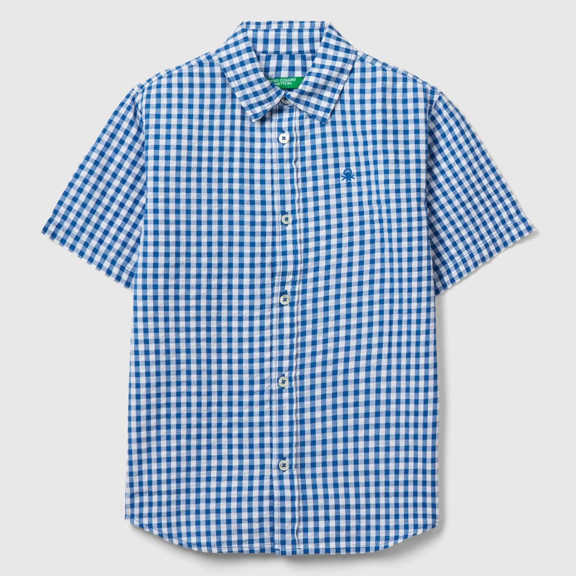 Erkek Çocuk Mavi-Beyaz Göğsü Logo İşlemeli Desenli Kısa Kollu Gömlek