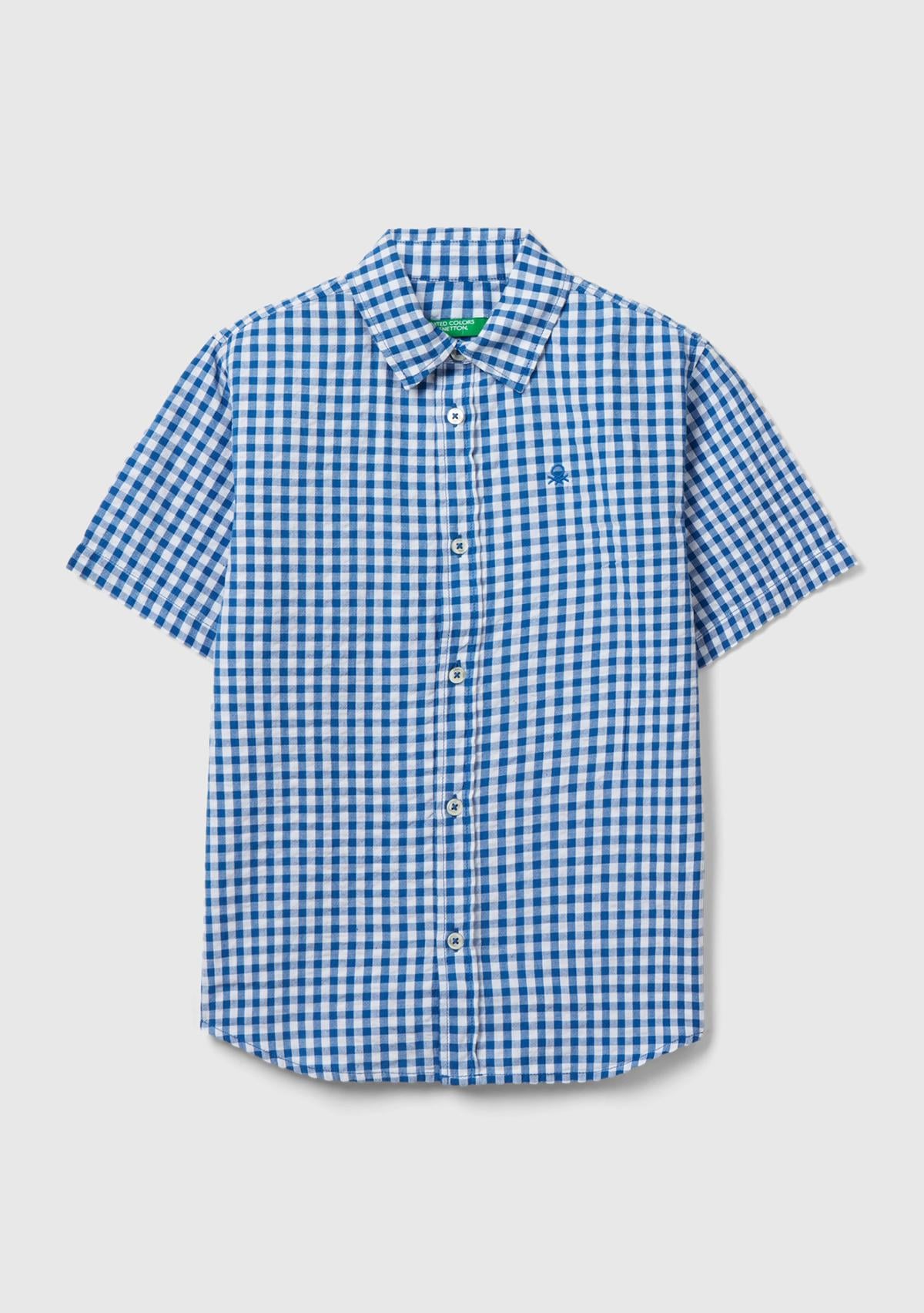  Erkek Çocuk Mavi-Beyaz Göğsü Logo İşlemeli Desenli Kısa Kollu Gömlek