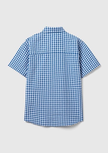  Erkek Çocuk Mavi-Beyaz Göğsü Logo İşlemeli Desenli Kısa Kollu Gömlek
