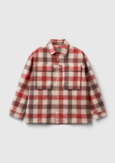  Erkek Çocuk Kırmızı-Kahve Ekose Desenli Yama Cepli Arkası Robalı Gömlek