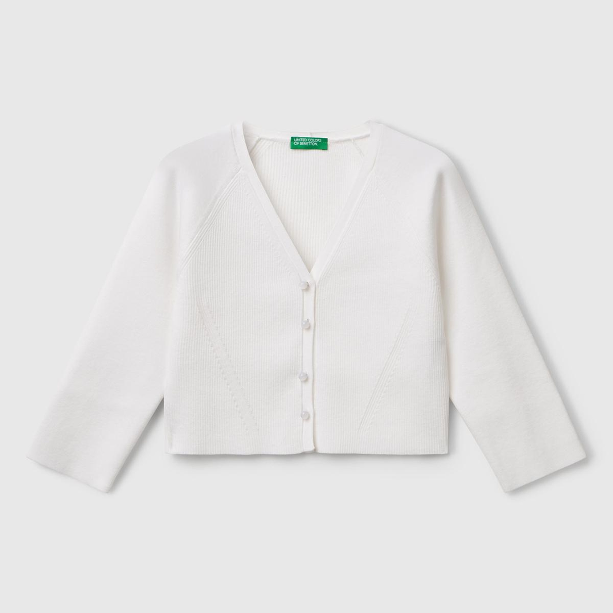 Kız Çocuk Beyaz Viskoz Karışımlı Nervür Motifli V Yaka Hırka