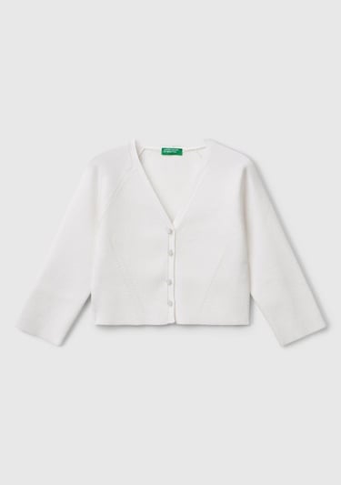  Kız Çocuk Beyaz Viskoz Karışımlı Nervür Motifli V Yaka Hırka