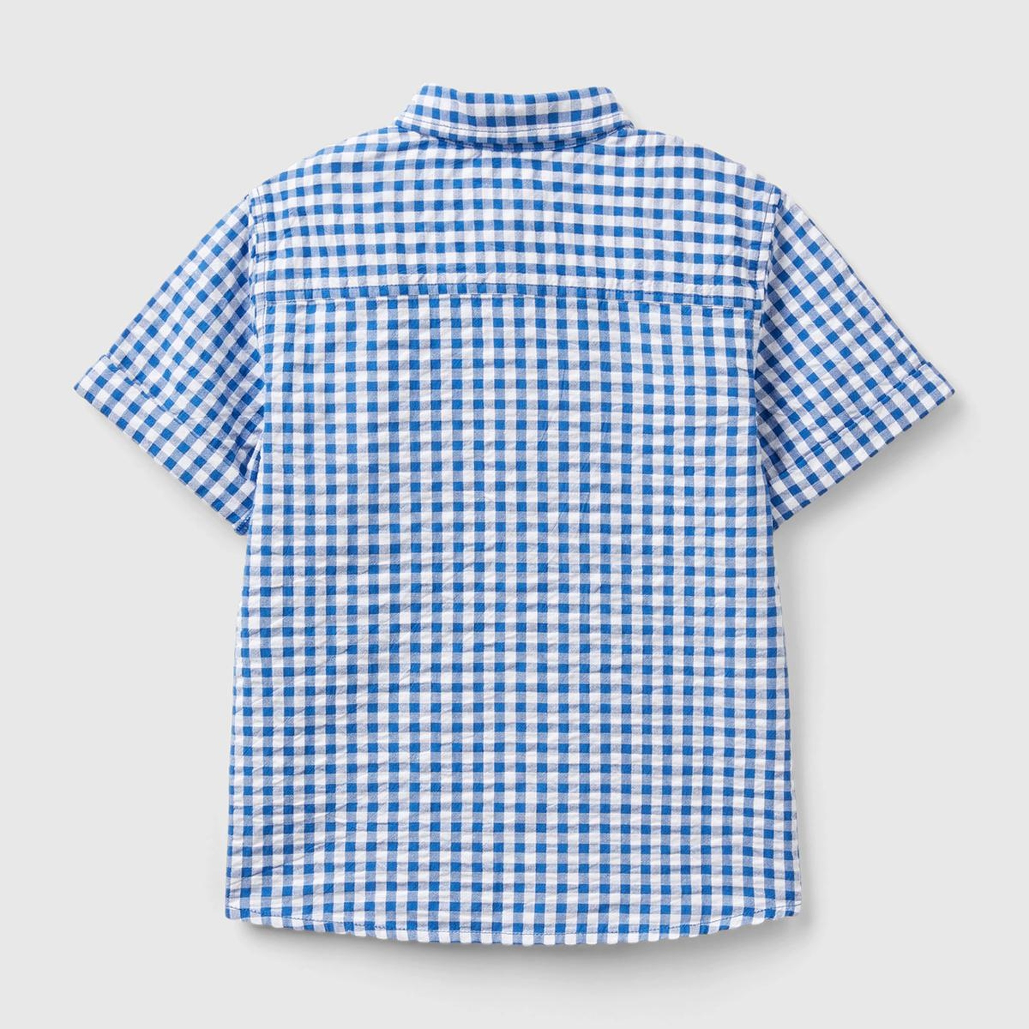 Erkek Çocuk Mavi-Beyaz Göğsü Logo İşlemeli Desenli Yama Cepli Kısa Kollu Gömlek