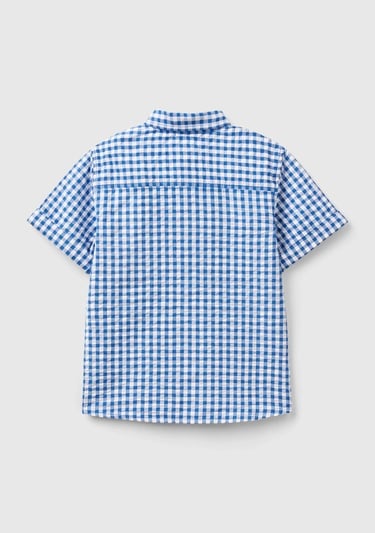  Erkek Çocuk Mavi-Beyaz Göğsü Logo İşlemeli Desenli Yama Cepli Kısa Kollu Gömlek