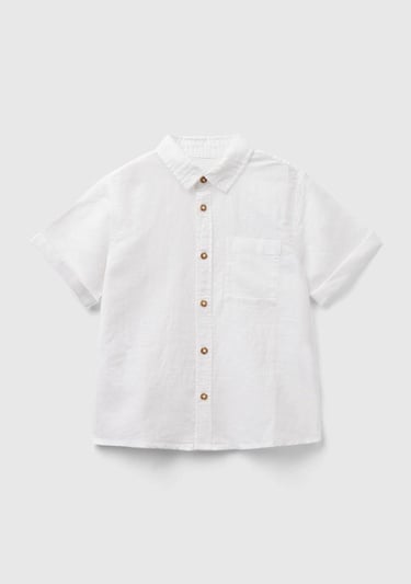  Erkek Çocuk Beyaz Keten Karışımlı Yama Cepli Kısa Kollu Gömlek