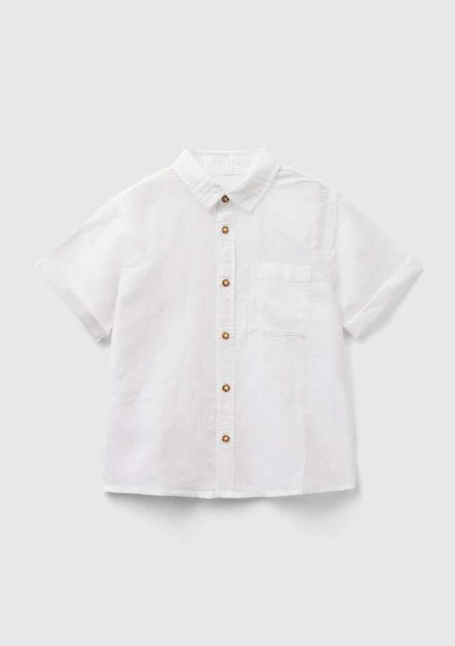  Erkek Çocuk Beyaz Keten Karışımlı Yama Cepli Kısa Kollu Gömlek