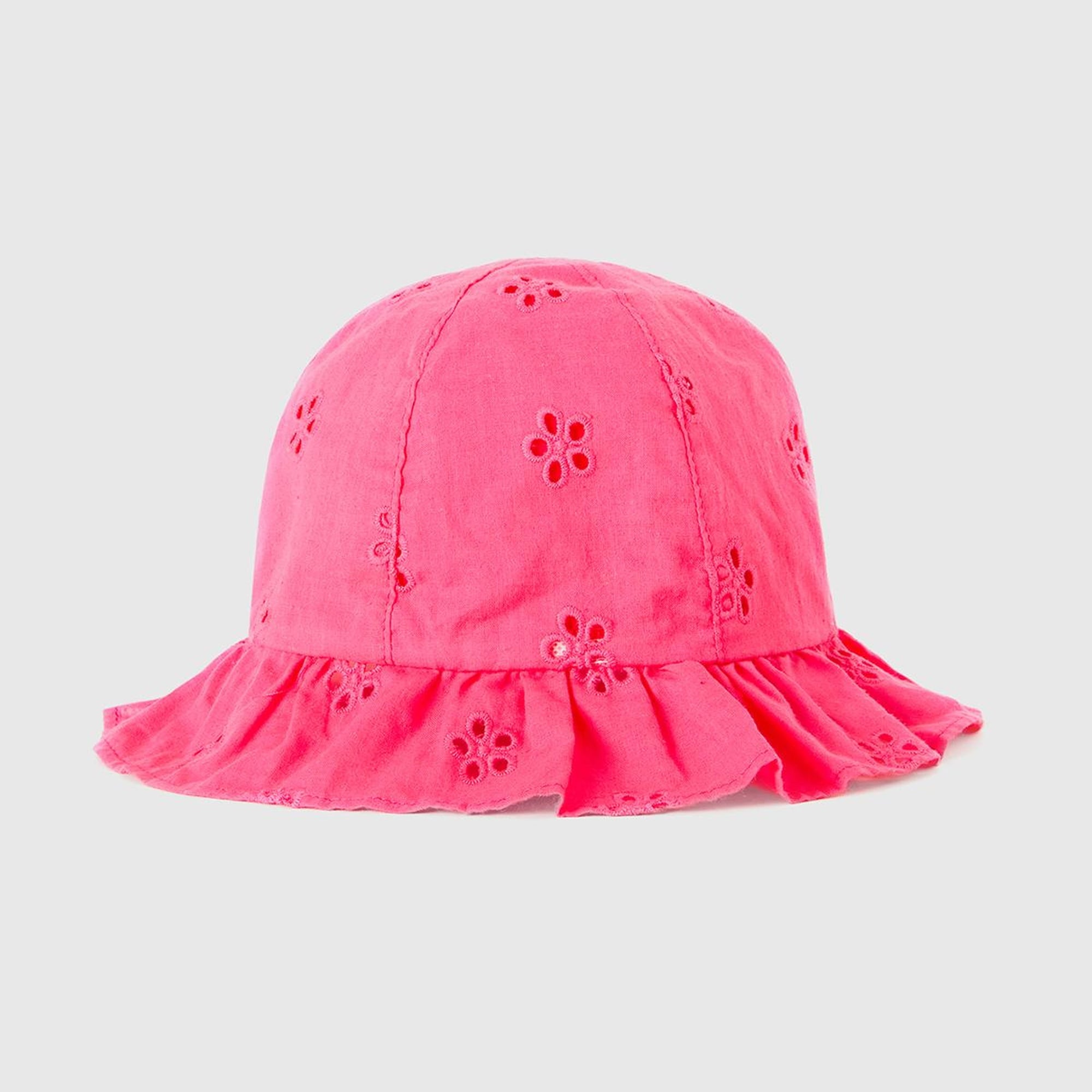 Kız Çocuk Fuşya Çiçek İşlemeli İpli Şapka