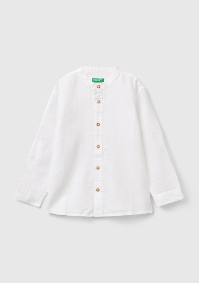  Erkek Çocuk Beyaz Keten Karışımlı Hakim Yaka Kolu Katlanan Gömlek