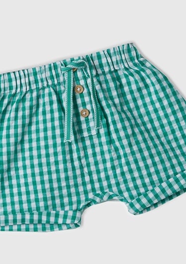  Bebek Yeşil Tamamı Ekose Desenli Beli Büzgülü Dekoratif Düğmeli Şort